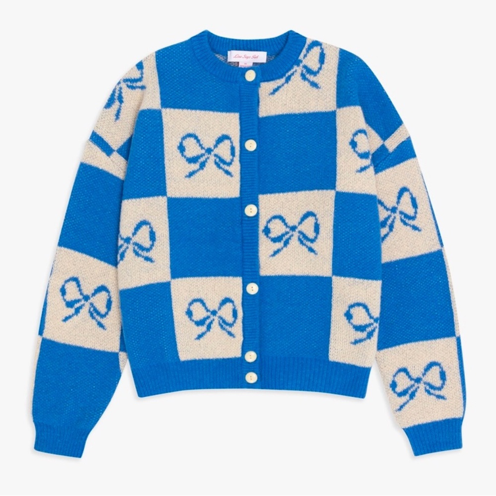 Sincerely Jules blue & white check print cardigan with bows